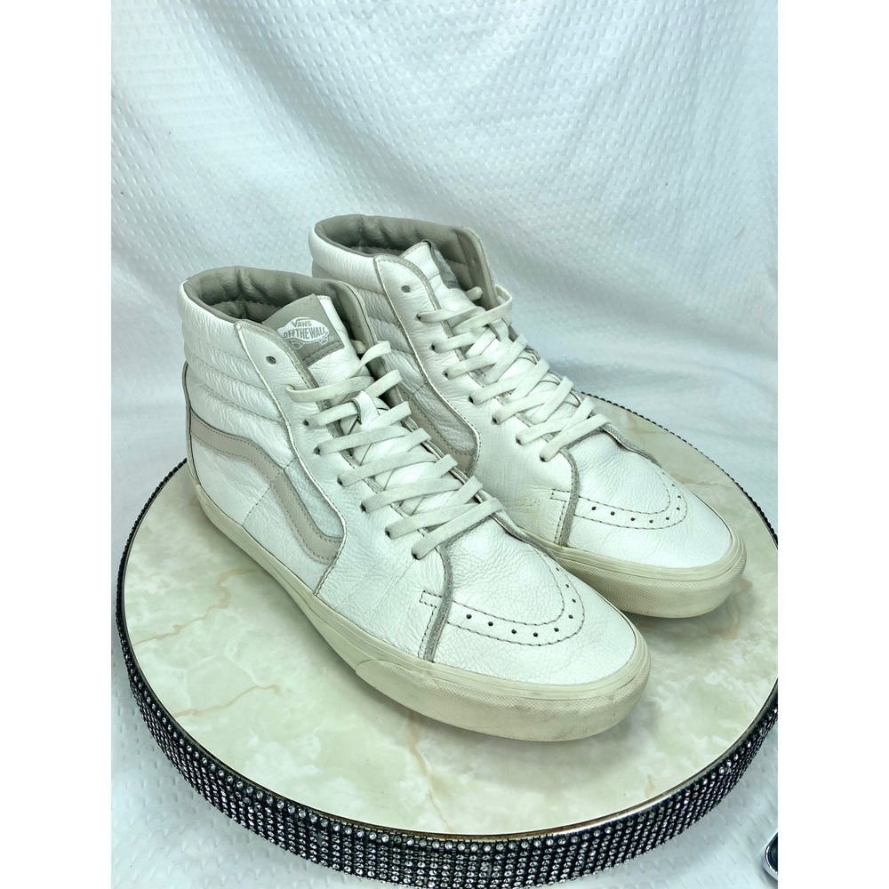 Vans Sk8-Hi Leather Skater Shoes Mens 11 White Grey High Top Streetwear Sneakers